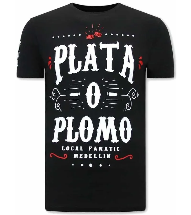 CAMISETAS HOMBRE NARCOS PLATA O PLOMO  NEGRO